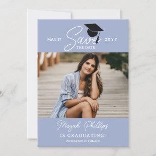 Periwinkle Blue Typography Photo Graduation Save The Date