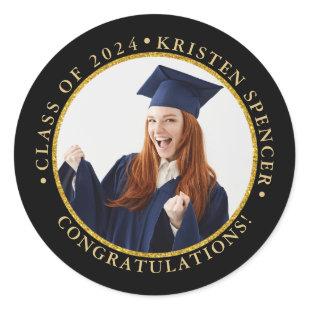 Personalized Black Gold Graduate Photo Graduation Classic Round Sticker