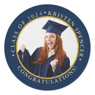 Personalized Blue Gold Graduate Photo Graduation Classic Round Sticker