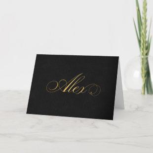 Personalized Classical Script Alex Gold Black Holiday Card