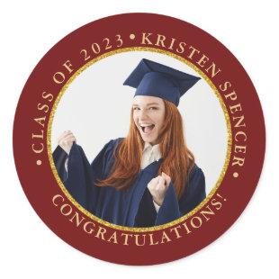 Personalized Red Gold Graduate Photo Graduation Classic Round Sticker