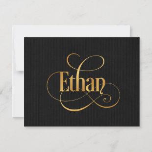 Personalized Swirly Script Ethan Gold on Black Invitation