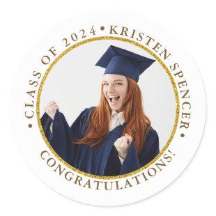 Personalized White Gold Graduate Photo Graduation Classic Round Sticker
