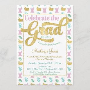 Pharmacist Graduation Party Invitation Pink Gold