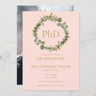PhD Degree Blush Pink Garland Photo Graduation Invitation