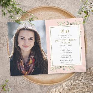 PhD Degree Blush Pink Greenery Graduation Photo Invitation