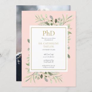 Phd Degree Blush Pink Greenery Photo Graduation Invitation