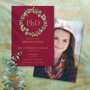 PhD Degree Burgundy Garland Photo Graduation Party Invitation