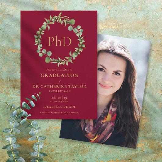 PhD Degree Burgundy Garland Photo Graduation Party Invitation