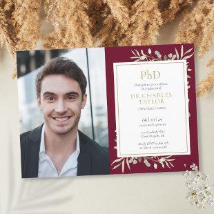 PhD Degree Burgundy Greenery Graduation Photo Invitation