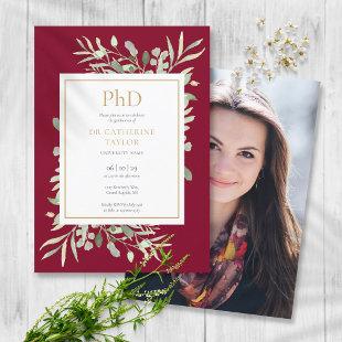 Phd Degree Burgundy Greenery Photo Graduation Invitation