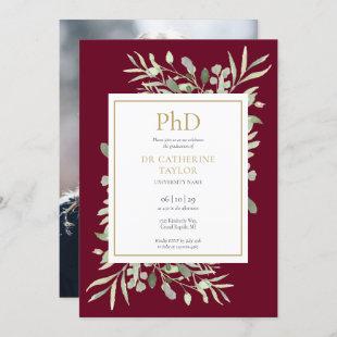 Phd Degree Burgundy Greenery Photo Graduation Invitation