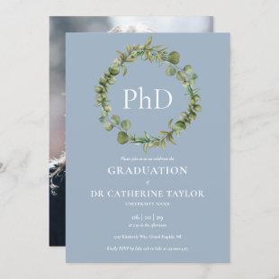PhD Degree Dusty Blue Garland Photo Graduation Invitation