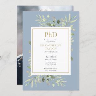 Phd Degree Dusty Blue Greenery Photo Graduation Invitation