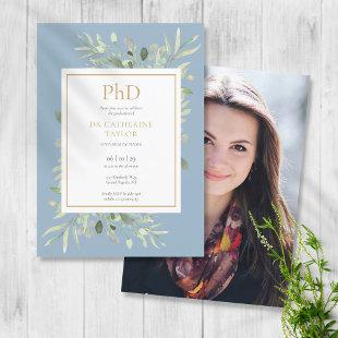 Phd Degree Dusty Blue Greenery Photo Graduation Invitation