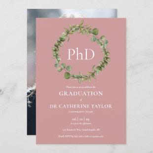 PhD Degree Dusty Rose Garland Photo Graduation Invitation