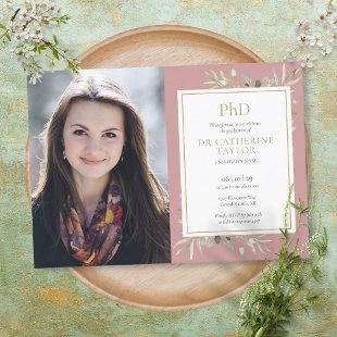 PhD Degree Dusty Rose Greenery Graduation Photo Invitation