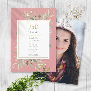 Phd Degree Dusty Rose Greenery Photo Graduation Invitation