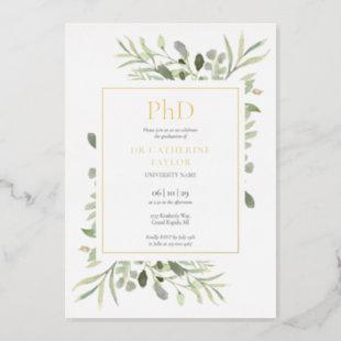Phd Degree Elegant Greenery Photo Graduation Gold Foil Invitation