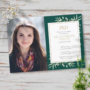 PhD Degree Emerald Gold Greenery Graduation Photo Invitation