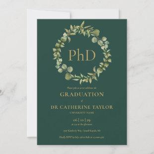 PhD Degree Emerald Green Garland Graduation Party Invitation
