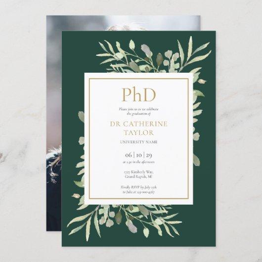 Phd Degree Emerald Greenery Photo Graduation Invitation