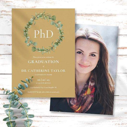 PhD Degree Gold Garland Photo Graduation Party Invitation