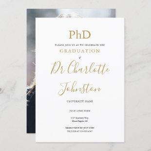 PhD Degree Gold Script Photo Graduation Party Invitation