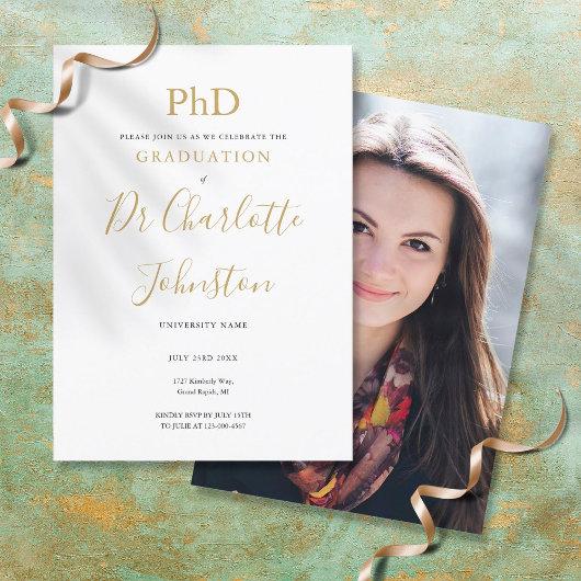 PhD Degree Gold Script Photo Graduation Party Invitation