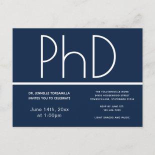 PhD degree Graduation Party Invitation Blue Postcard