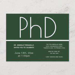 PhD degree Graduation Party Invitation Green Postcard