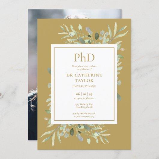 Phd Degree Greenery Photo Gold Graduation Invitation
