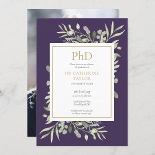 Phd Degree Greenery Purple Photo Graduation Invitation
