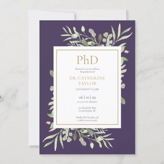 Phd Degree Greenery Purple Photo Graduation Invitation