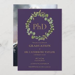 PhD Degree Purple Garland Photo Graduation Party Invitation