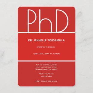 PhD degree Red White Vertical Graduation Party Invitation