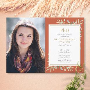 PhD Degree Terracotta Greenery Graduation Photo Invitation
