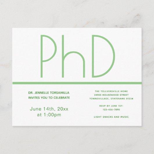 PhD degree White Green Graduation Party Postcard