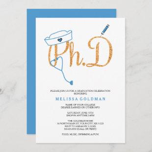PhD Nurse graduation in sky blue and gold Invitation
