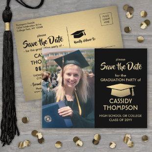 Photo Black & Gold Modern Graduation Save the Date Postcard
