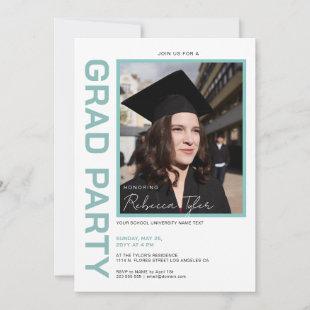 Photo, Black & Turquoise Text Grad Party Invite