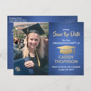 Photo Blue Gold and White Graduation Save the Date Postcard