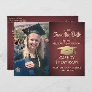 Photo Burgundy and Gold Graduation Save the Date Postcard
