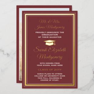 Photo Burgundy & Gold Foil Graduation Announcement