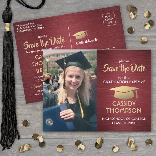 Photo Burgundy Red & Gold Graduation Save the Date Postcard