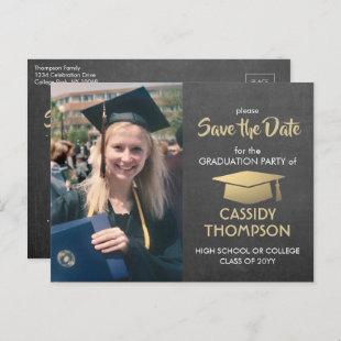Photo Chalkboard Gold Graduation Save the Date Postcard