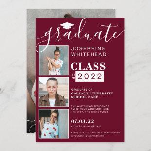 Photo Collage Graduation Party Burgundy 2022 Invitation