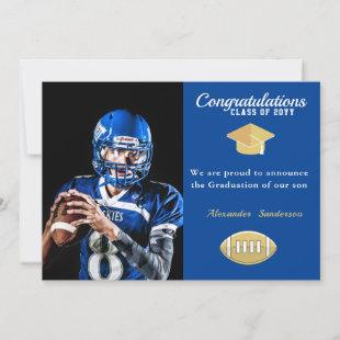 Photo Football player blue graduation   Invitation