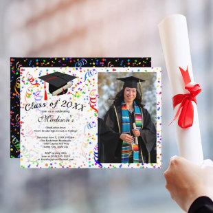 Photo Graduation Black Cap Diploma Confetti Party Invitation