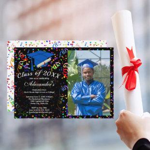 Photo Graduation Blue Cap Confetti Class of Party Invitation